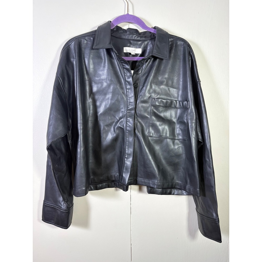 Loft Faux Leather Button Down Shirt Jacket Black XL Cropped Shacket Moto Chic 90
